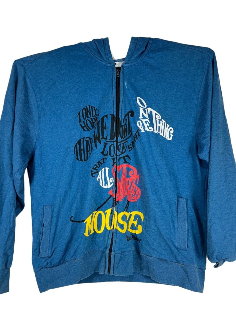 Disney Store 2XL Mickey Mouse Blue Full Zip Hoodie Graphic Typography